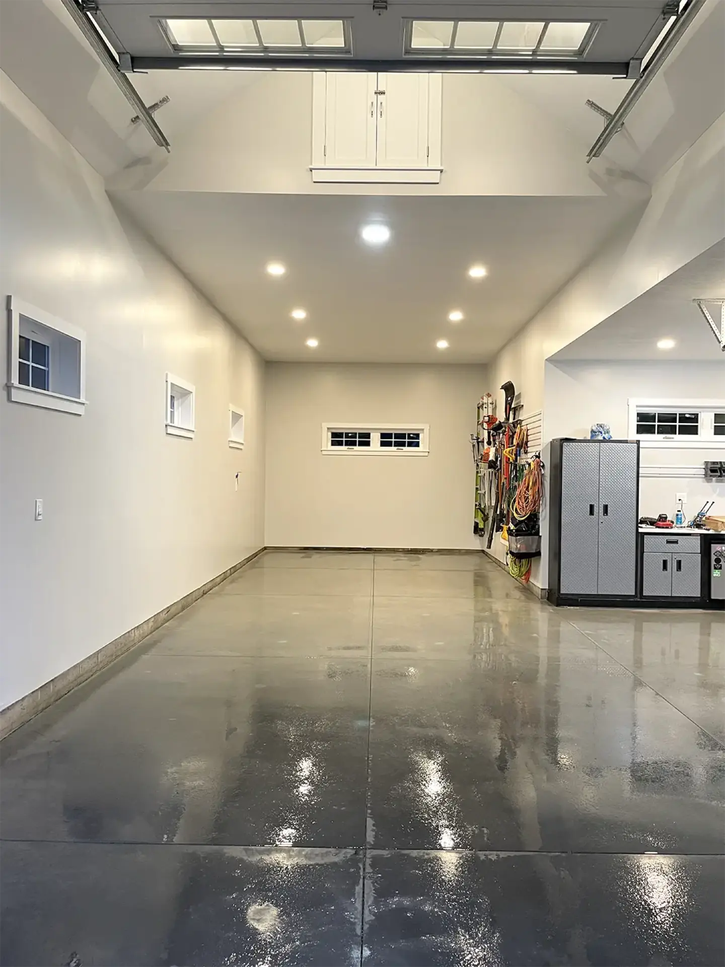 Polished garage floor with vaulted ceiling